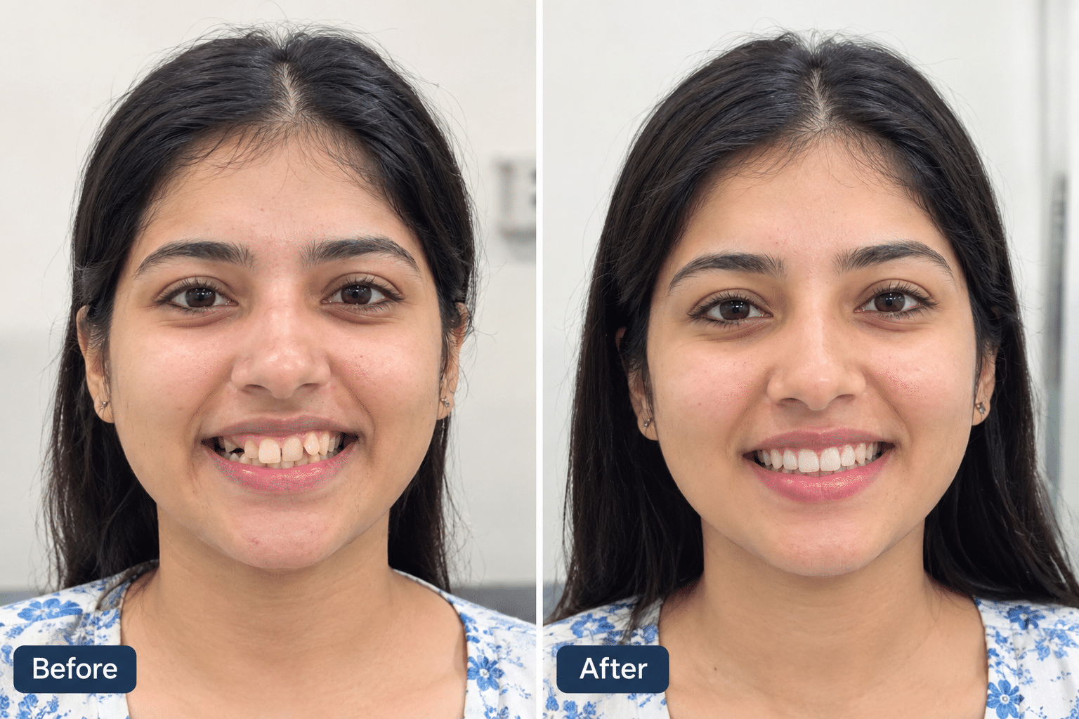 Before and after smile: crooked, uneven front teeth before treatment and straight, even teeth after