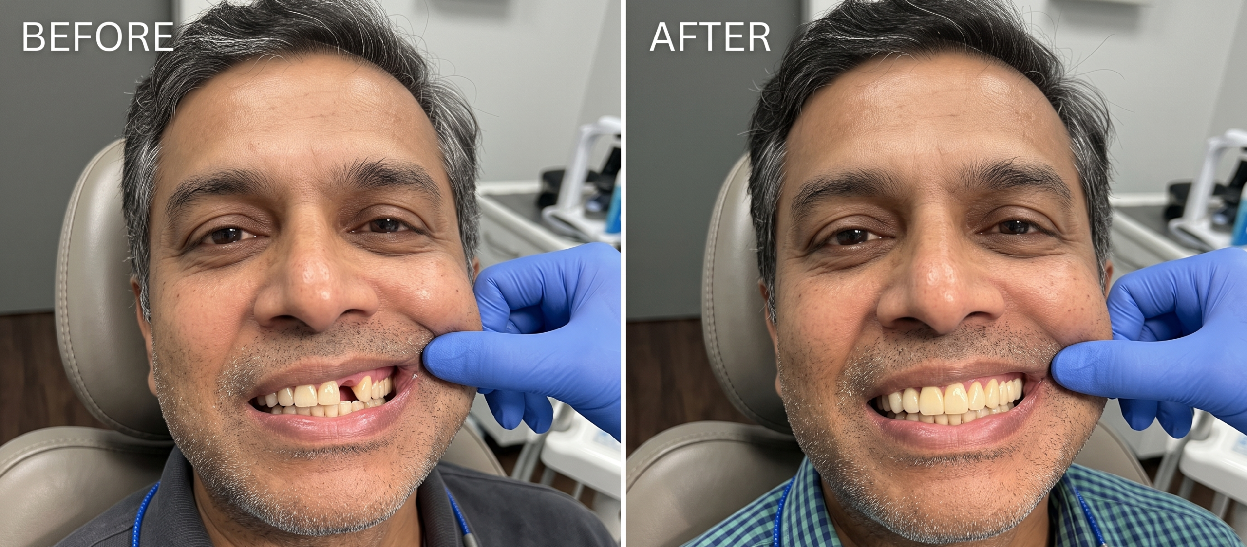 A dental bridge replacing a missing tooth, before and after